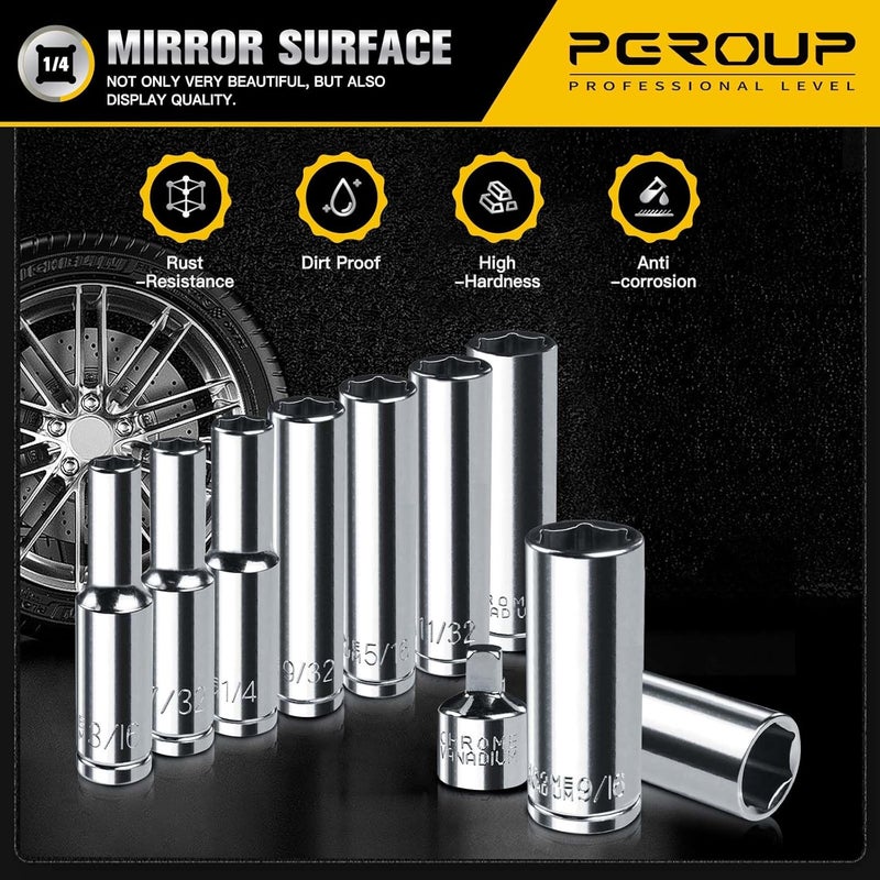 pgroup 1/4” Drive SAE Socket Set, 11PCS Deep Hex Socket Set (3/16”-9/16”), Cover Most Commonly Sizes, Chrome Vanadium Steel with 3/8”F to 1/4”M Socket Adapter - Image 5